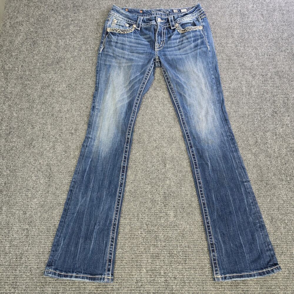 Miss Me Signature Slim Boot Jeans Womens 30x34 Blue Fleur De Lis Bling Y2K